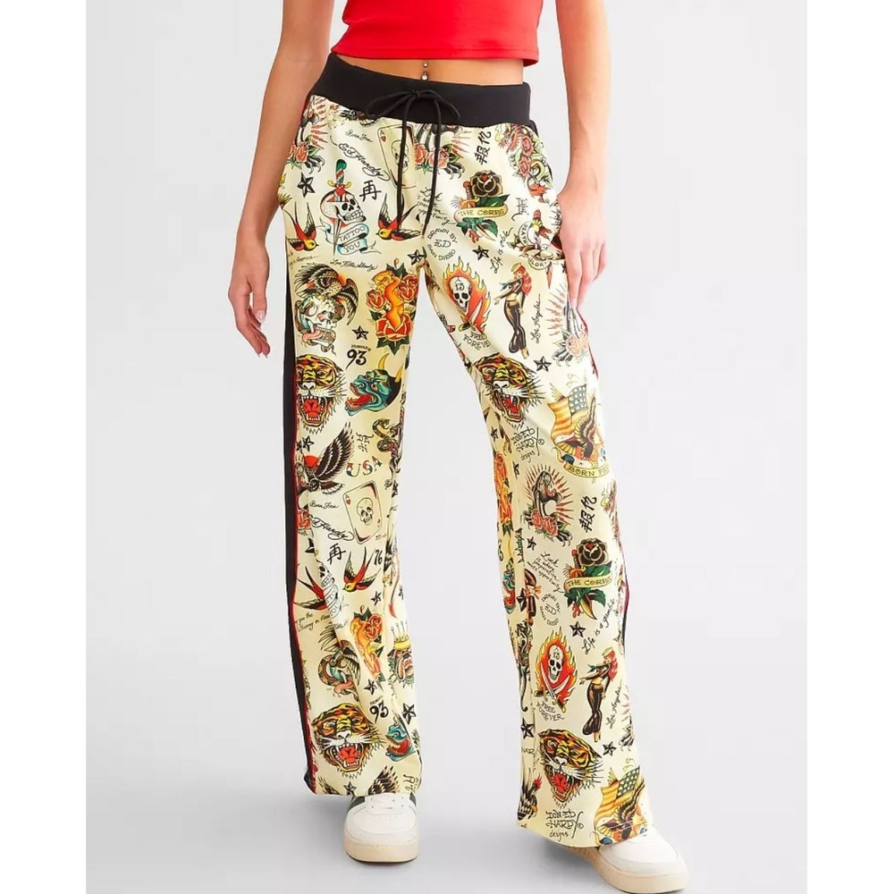 Ed Hardy sweatpants womens S Small black yellow ENW8300-2 multi print stretch